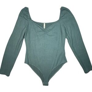 Celeste Teal Green Long Sleeve Bodysuit‎ Women's XL Ruched Sweetheart Neck NWOT